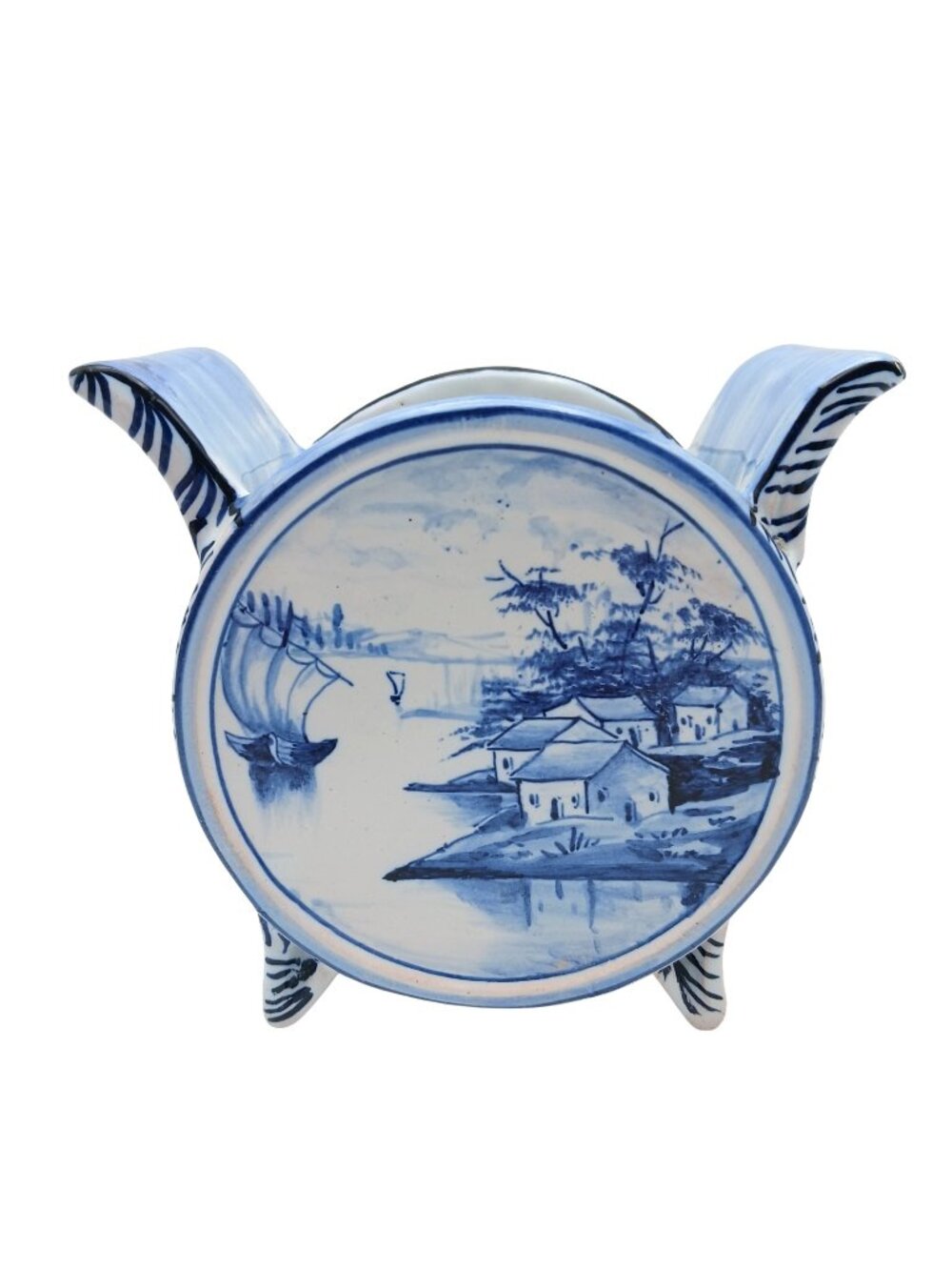 Delft Blue White Cachepot Vase Hand Painted Dutch Faience Landscape Footed 5"
